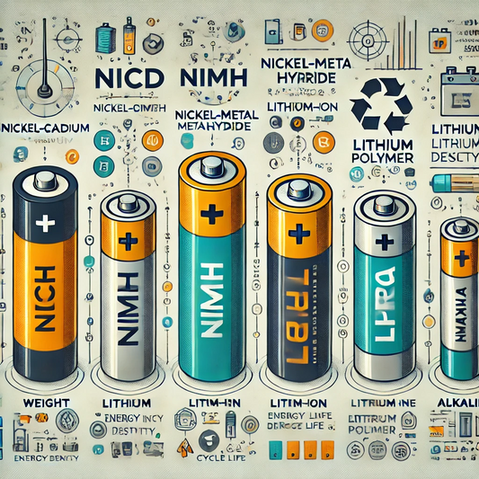 Infographic comparing NiCd, NiMH, Li-ion, LiPo, and Alkaline batteries for radios, highlighting features like energy density, cycle life, and environmental impact.