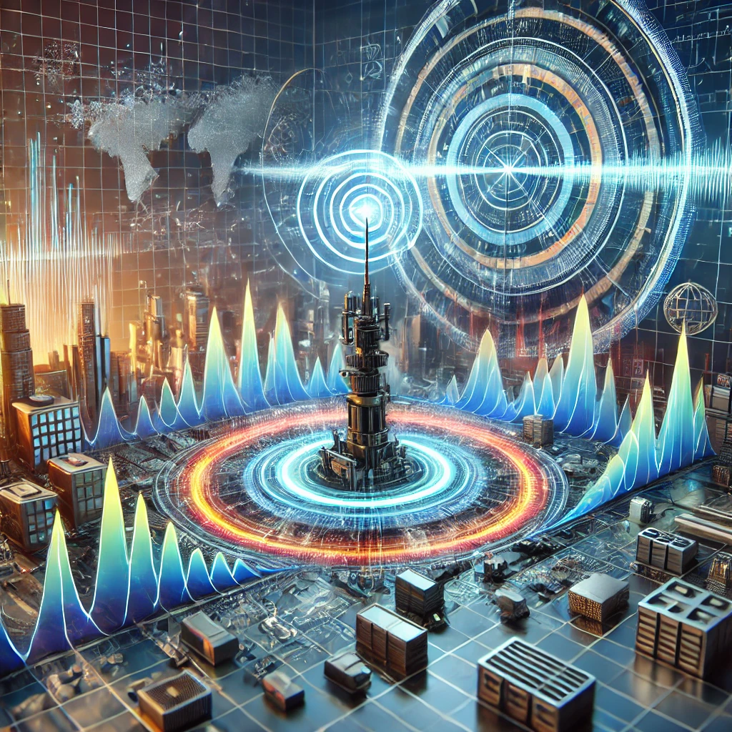 Illustration of Frequency Hopping Spread Spectrum (FHSS) technology showcasing secure wireless communication with dynamic signal hopping and industrial applications.