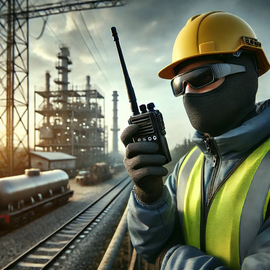 Lone worker holding a two-way radio next to train tracks