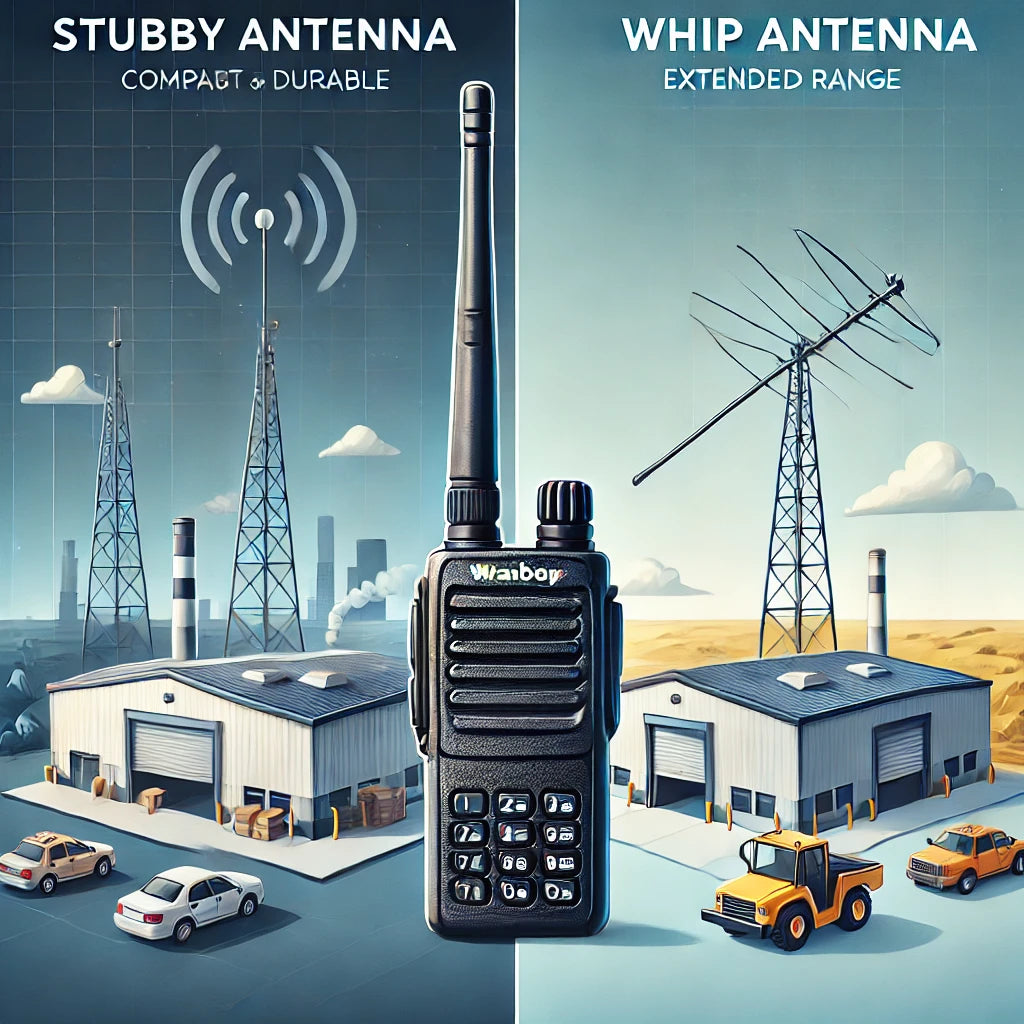 Illustration comparing stubby and whip antennas for radios, highlighting compact indoor use for stubby and extended outdoor range for whip antennas.