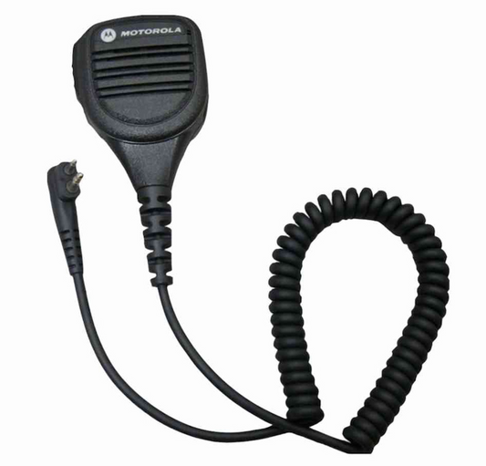 Motorola PMMN4029 remote speaker microphone with coiled cord and 3.5mm jack.